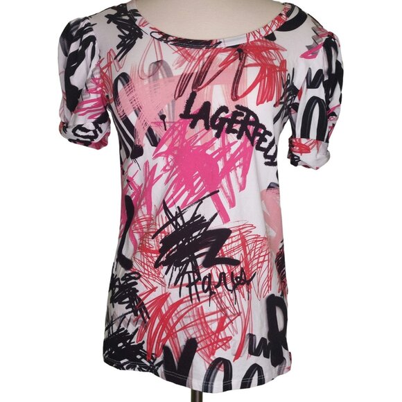 Karl Lagerfeld Paris Women's XS Graphic Puff Sleeve T-Shirt Red & Black Scribble - Picture 1 of 10